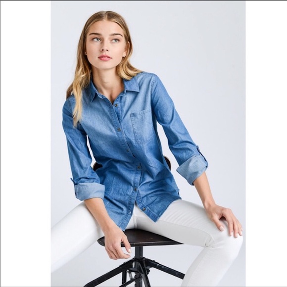 Denim Blue Cotton Tencel Button Down Shirt - Picture 2 of 9